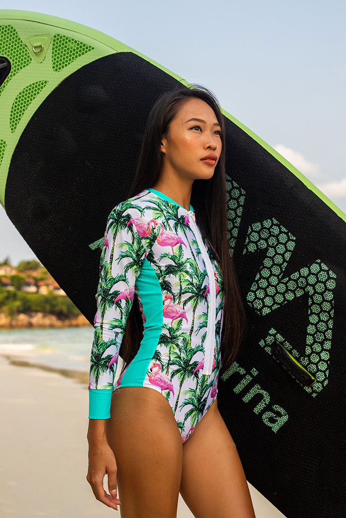 Euphoric Threads Eco Fashion for the Waves and Raves - Sustainable Handmade Swimwear and Surfwear - NEW LET'S FLAMINGO Collection - paddleboarding surfsuit