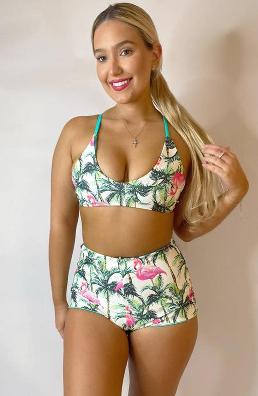 Euphoric Threads Eco Fashion for the Waves and Raves - Sustainable Handmade Swimwear and Surfwear - NEW LET'S FLAMINGO Collection - New activewear! Reversible bikini set in tropical flamingo print. BRONTE Bikini Top with cross over back and High waisted reversible flamingo shorts