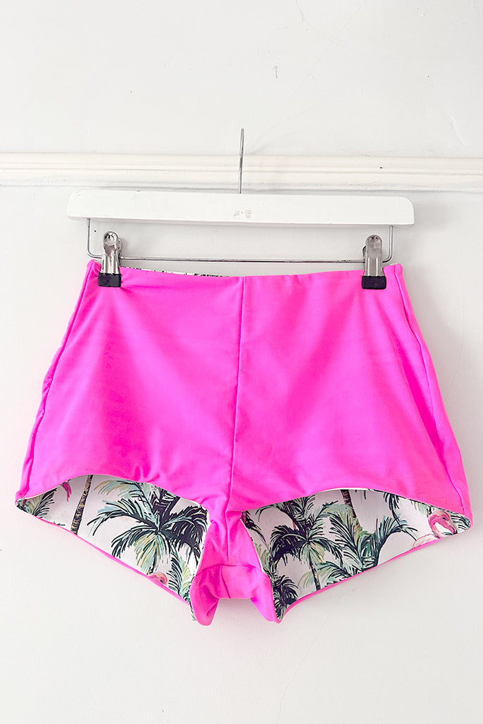 LET'S FLAMINGO! Reversible High Waist Pink Surf Shorts