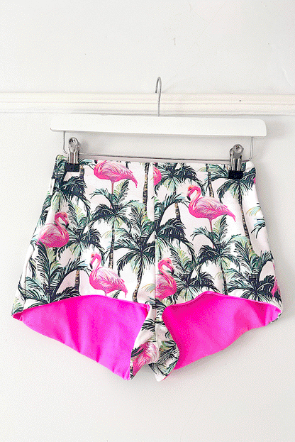 LET'S FLAMINGO! Reversible High Waist Pink Surf Shorts